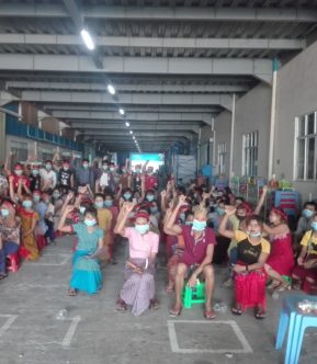 Workers of garment factory Huabo Times in Yangon, Myanmar, protest targeted dismissals of trade-union members