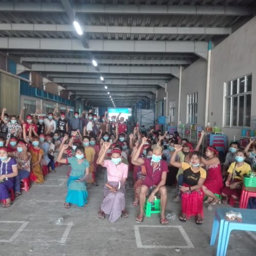 Workers of garment factory Huabo Times in Yangon, Myanmar, protest targeted dismissals of trade-union members